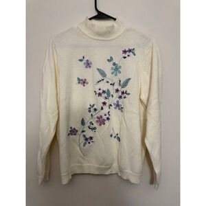 Women's Blair Mock Neck Vintage Floral Embroidered Sweater L Off-White